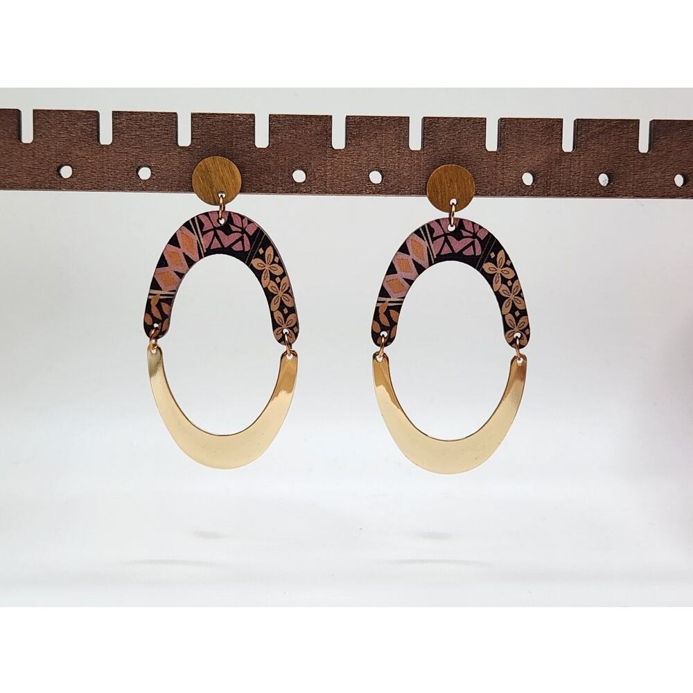 Boho Oval Geometric Wood and Gold Tone Metal Mixed Media Dangle Earrings